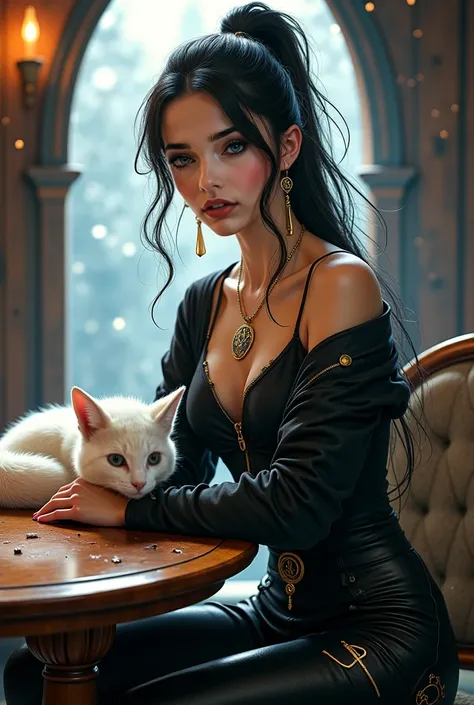 ((masterpiece)), Absurds, ( top quality), detailed eyes, ((complex background)),  a girl,  young woman,  a beautiful face , is about 20 years old a goddess, slender face, ( very bright golden eyes , magic golden eyes, cosmic eyes), ((black hair with silver...