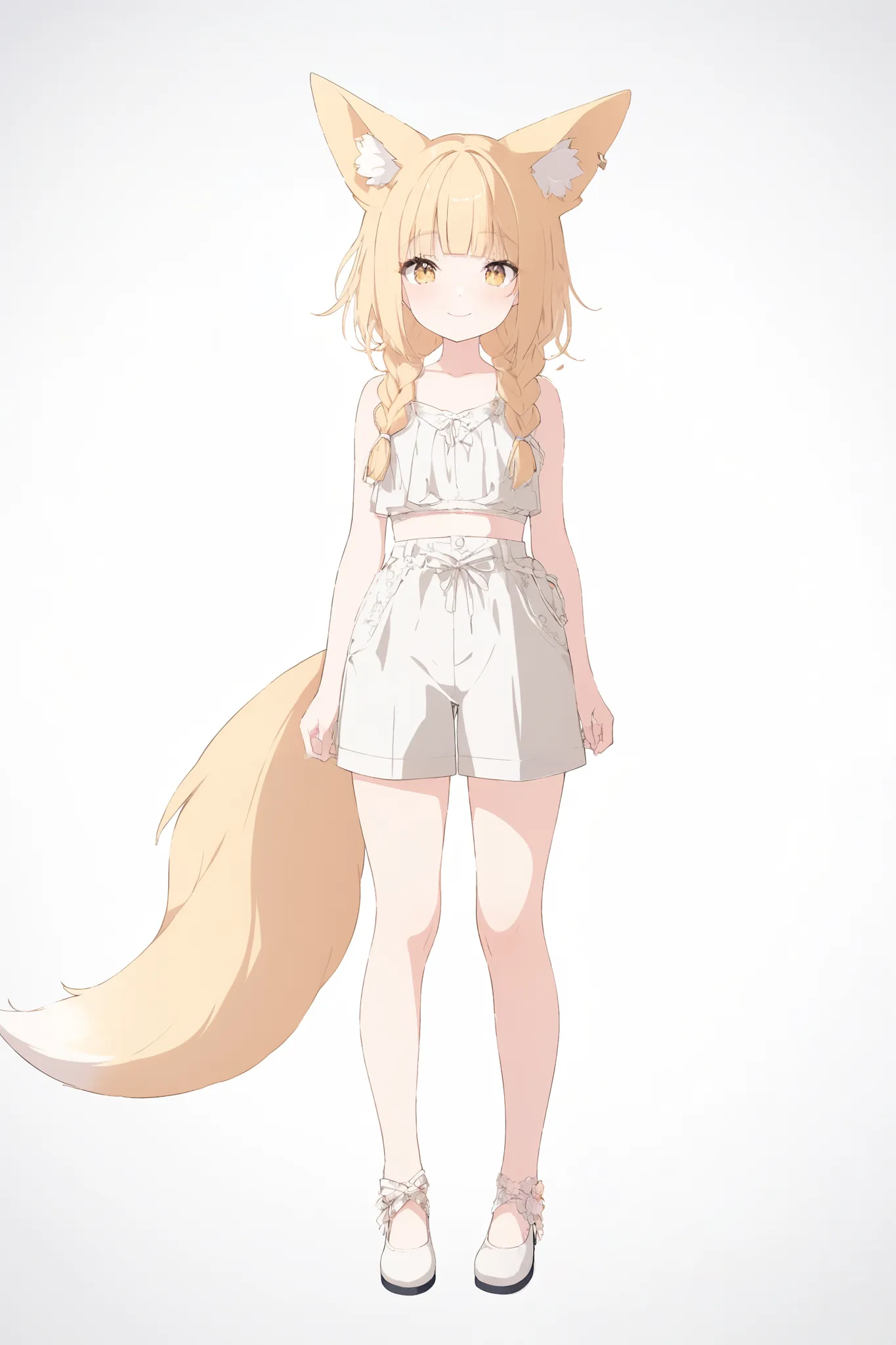 Background white, plain background, no background,頭の上にstupid hair,masterpiece, exquisite details,best quality, one girl, alone, White footwear, bangs, yellow eyes, yellow hair ,braids,stupid hair,  fox ears,  fox ears, high quality animated art style，Clear...