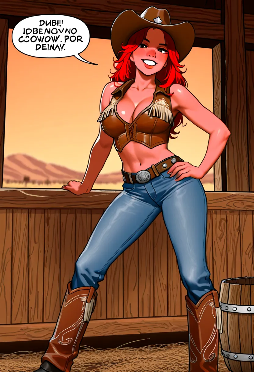 A cartoon drawing of a woman in a cowboy hat and jeans, cowgirl, cowgirl, western cowgirl, female cowgirl,  drunken red-haired cowboy , 🤠 using a 🖥, Western comic art, por Dechko Uzunov, cowboy style, 🐎🍑,  wearing cowboy hat, Western comic art , by Carlos ...