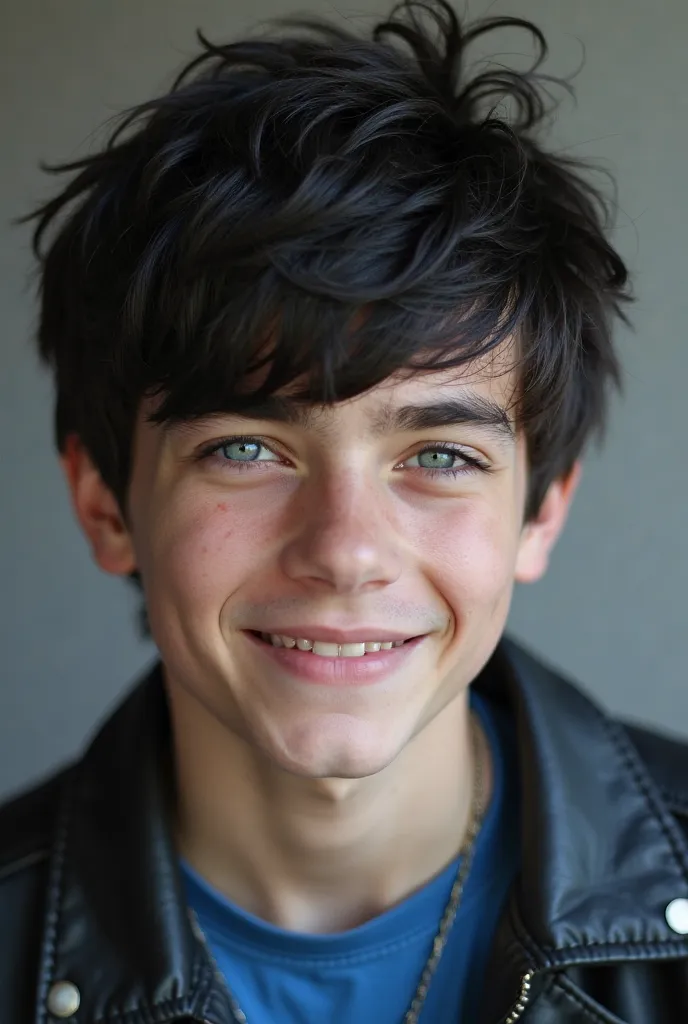 A face shot of a fifteen year old boy with black hair, light blue eyes and very pale skin. He has short, spiky black hair. He is smiling and wearing a black leather jacket with a blue t-shirt. Doesn’t have too sharp of a jaw line. 