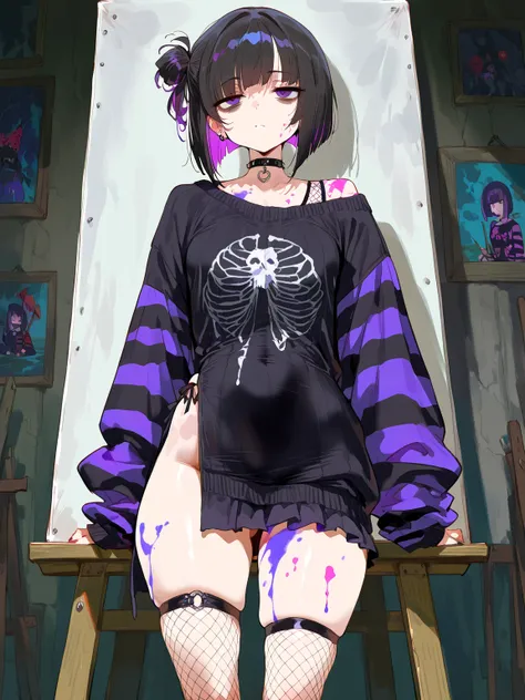 (NSFW, masterpiece, best quality, amazing quality, very aesthetic\) basement, paintings, canvas, low lighting, cobwebs, 1girl, \(solo, goth, small breasts, Uneven choppy bob hairstyle, Pink dyed stripes, black hair, purple eyes, Long-sleeved mesh top, Tatt...