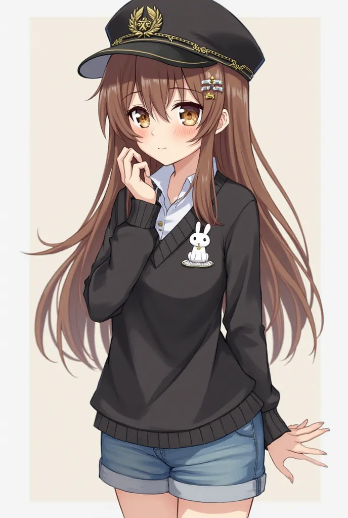 Female anime with brown hair and capul also has long hair but not so long, has light brown freckles all over her face, has a long sleeve black shirt and has a small rabbit on the right side and has a uniform shirt collar, She wears blue jean shorts, has wh...