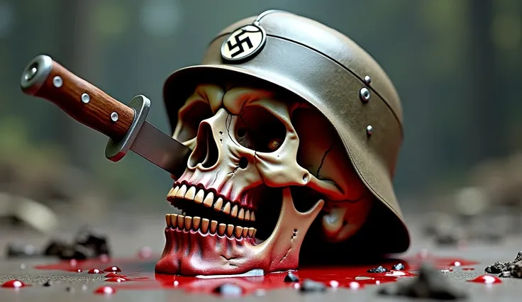 A severed and necrotic, decaying rotting skull of a dead Nazi with a nazi helmet. There is a knife stabbed into the skull. 