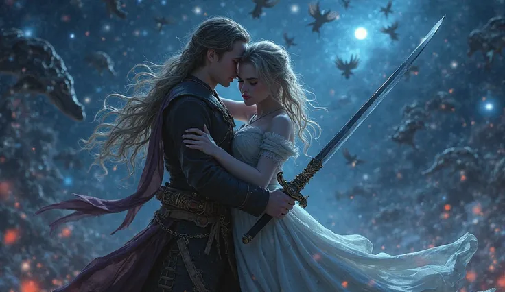  fantasy。Attacked by many flying demons、A young man who hugs a beautiful blonde woman crying and closes her eyes while fighting with a sword with an angry face。Stars that shine like crystals at night。4K