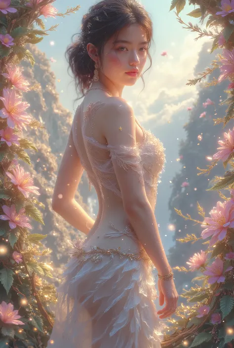 Create a breathtaking, surreal, and dreamlike artwork that celebrates the exquisite beauty of the female form. The central figure is a stunning woman with a graceful and elegant physique, her body depicted in a tasteful and artistic manner. Her pose is nat...