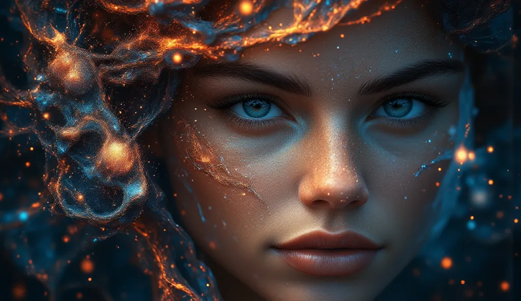 A richly detailed artwork featuring a human face set against a cosmic backdrop filled with planets, stars, and mystical symbols. The deep blues and fiery reds of the galaxy contrast beautifully with the model's captivating blue eyes, which draw viewers in....