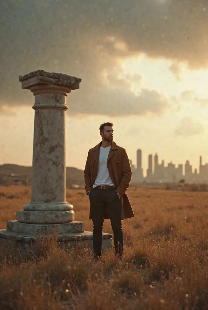 "A powerful man in a modern brown jacket and white shirt, standing in an open field with a broken ancient marble column next to him, looking at a horizon where distant skyscrapers can be seen under a stormy sky with golden rays, ultra detailed scene, 4k, S...