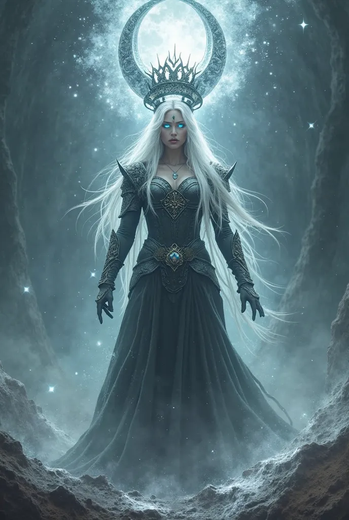 A mystical and powerful scene of Freya placing the ancient crown upon her head, being consumed by its overwhelming energy. Freya, a fierce warrior with long, flowing white hair, stands in the center of an ethereal glow, her silver eyes blazing with newfoun...