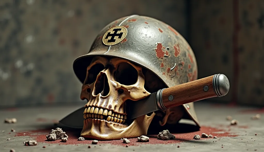 A severed and necrotic, decaying rotting skull of a dead Nazi with a nazi helmet. There is a knife stabbed into the skull. (Historical Photograph: 1.5) (photorealism: 1.0)