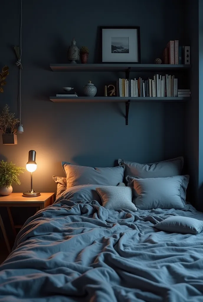  Her room had a minimalist air, with cold tones and simple but modern furniture. The walls were a relaxing dark blue, with shelves full of books and a desk where a warm light lamp was waiting for her. above the bed, a gray bedspread and several pillows sca...