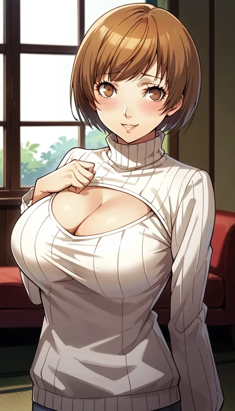 score_9, score_8_up, source_anime
1 girl, solo, cute face,
p4chie, satonaka chie, short hair, brown hair
smiling, happy, blushing,parted lips,, blushing ,shy smile,embarrassed, white sweater,cleavage cutout, 1girl,(is embarrassing,big blush,closed mouth:1....