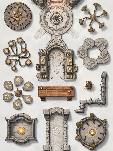 Hand-drawn top-down view image featuring a pack of eight unique fantasy assets arranged with ample spacing on a plain white background, perfect for Dungeondraft. Include:

Celestial Compass Stone – A circular stone artifact intricately etched with astronom...