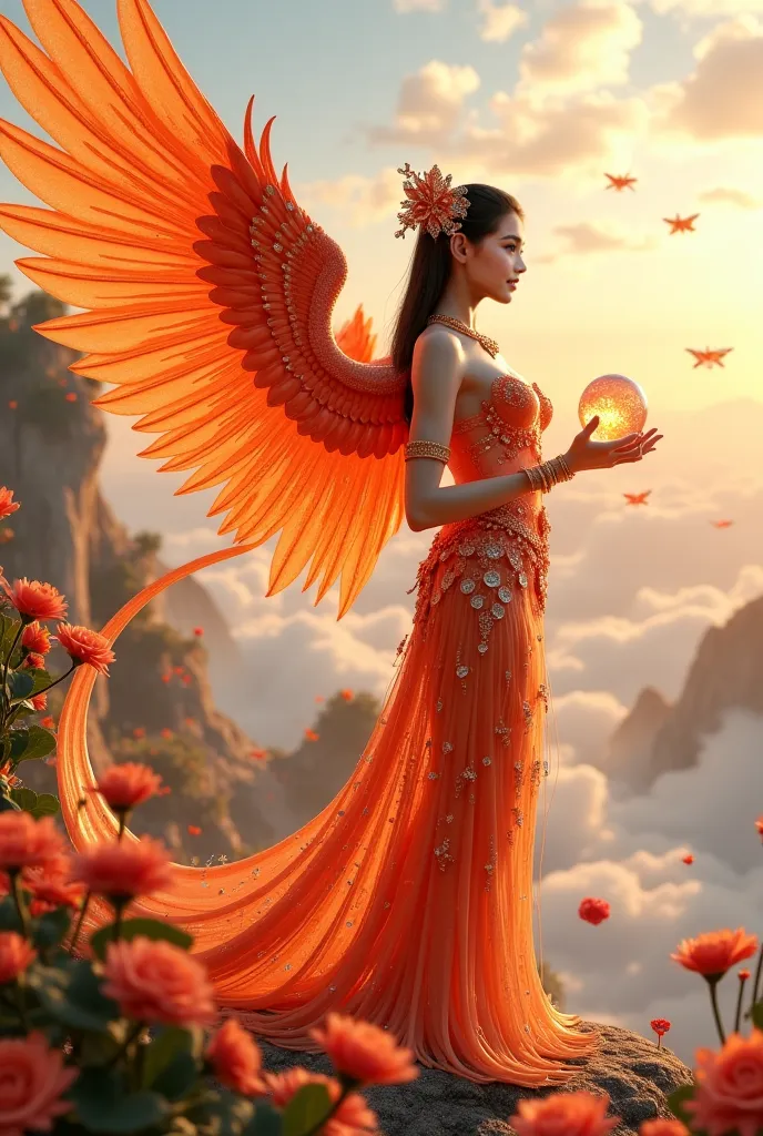 Wide angle, full body, Dark-Orange Phoenix-womam , Is Huge-Breasted Japanese woman, Slender body, ปีกมีลวดลายซับซัอน, large wings, Wide wings, Crystal see-through armor (inspired by Thai see-through costume).Tiny gray Thai skirt, big Diamond jewelry, holdi...