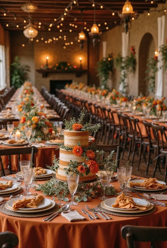 A rustic wedding hall filled with the warm hues of burnt earthy tones. Tables adorned with rich brown and burnt orange linens, accented by woven placemats and natural linen napkins. Floral arrangements featuring marigolds, poppies, and dahlias in shades of...