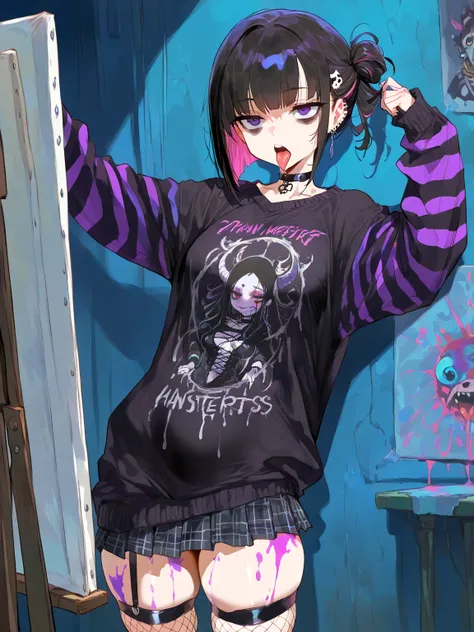 (NSFW, masterpiece, best quality, amazing quality, very aesthetic\) basement, paintings, canvas, low lighting, cobwebs, 1girl, \(solo, goth, small breasts, Uneven choppy bob hairstyle, Pink dyed stripes, black hair, purple eyes, Tattered oversized sweater,...