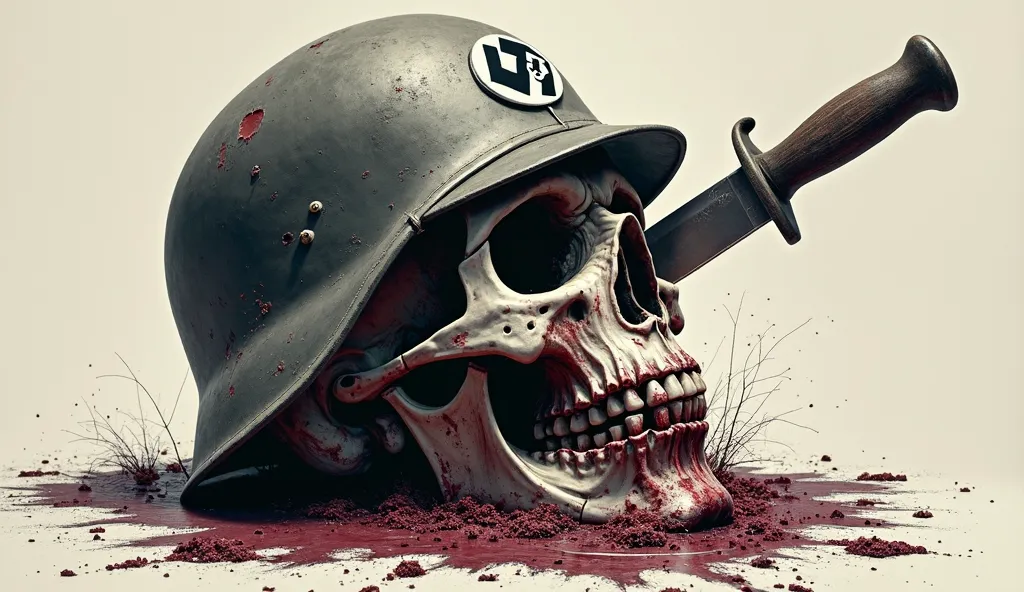 A severed and necrotic, decaying rotting skull of a dead Nazi with a nazi helmet. There is a knife stabbed into the skull. (Propaganda poster: 1.5)