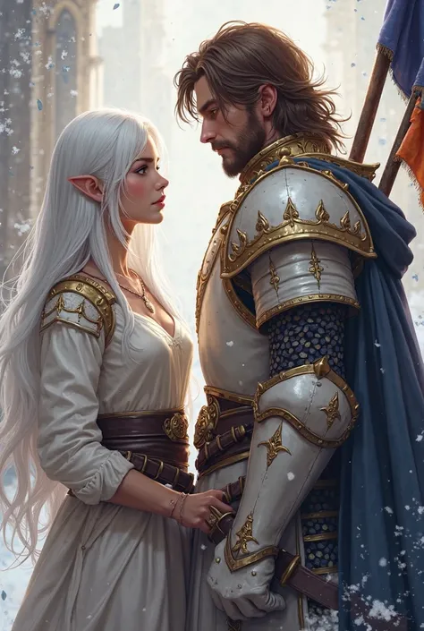 Female and Male Character from the Dark Epoch Game Mu, the Female character with long white hair, White shirt with a light neckline and a huge belt around the waist, your soft face watching closely your leader. Seu líder a real-looking knight wearing white...