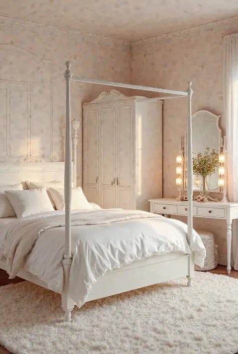 The other room was completely different.: walls in pastel colors, a white four-poster bed and a fluffy carpet. In a corner there was a dressing table with mirror and lights, besides a large wardrobe.