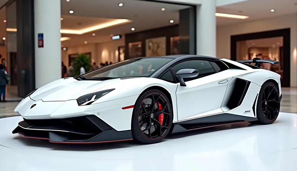 A side view photo of a white 2025 Lamborghini aventador with a sleek, full modified, modern design. The car is parked on a white surface. The background is a shopping mall with white lights. The photo reveals the luxurious interior. The overall ambiance is...