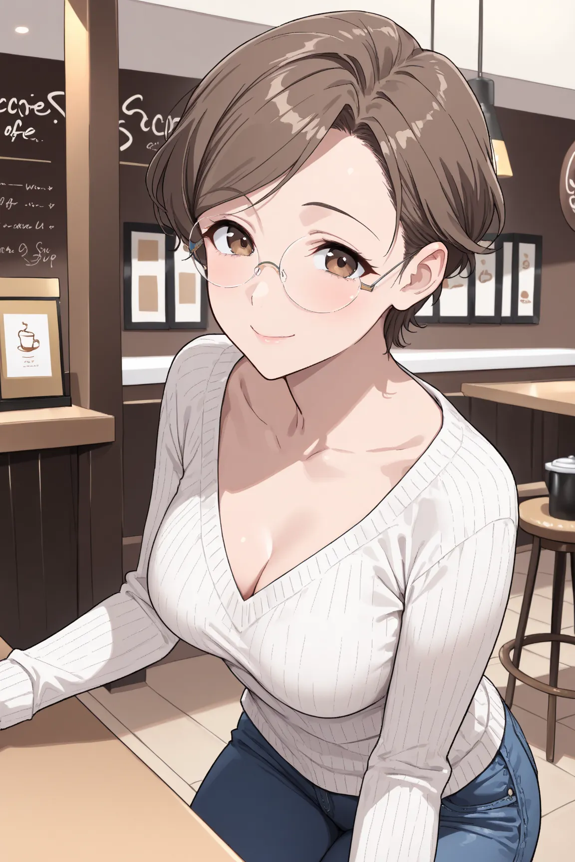 score_9, score_8_up, score_7_up, score_6_up, score_5_up, score_4_up, 1 female, solo, (mature female:1.2), brown eyes, brown hair, rimless eyewear, oval eyewear, very short hair, wavy hair, swept bangs, slender, (medium breasts: 1.2), flushed face, light sm...