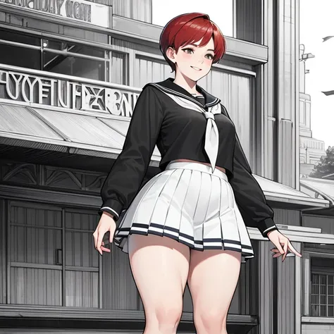 Solo girl, beautiful and aggressive girl at school wearing a sailor uniform, looking away very outgoing, chubby thighs, breasts hidden behind her blouse, rude face, short red hair standing on end, delinquent style girl, smiling ironically, popular girl at ...