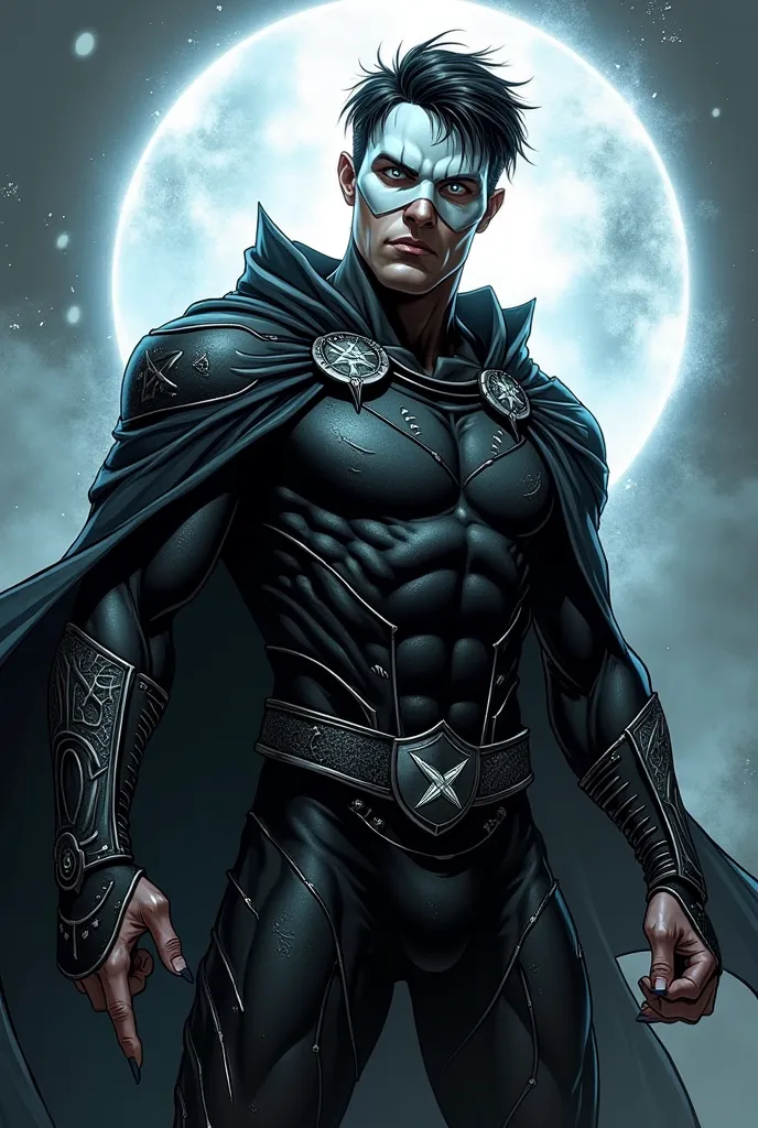 A heroic character named Arcanum with a dark and mysterious aura, in a dynamic comic book style. He has an athletic build, with defined muscles reflecting years of combat training. His skin is pale, with visible scars and mystical runes etched into his bod...