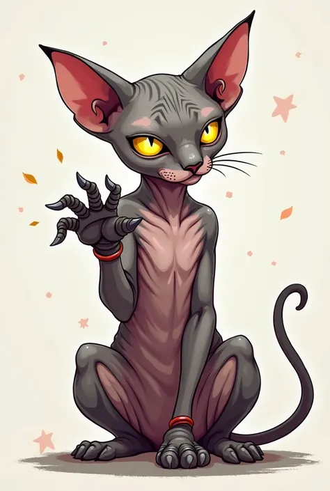 An evil cute sphynx cat vector sitting and attacking with one paw and one cyborg eye