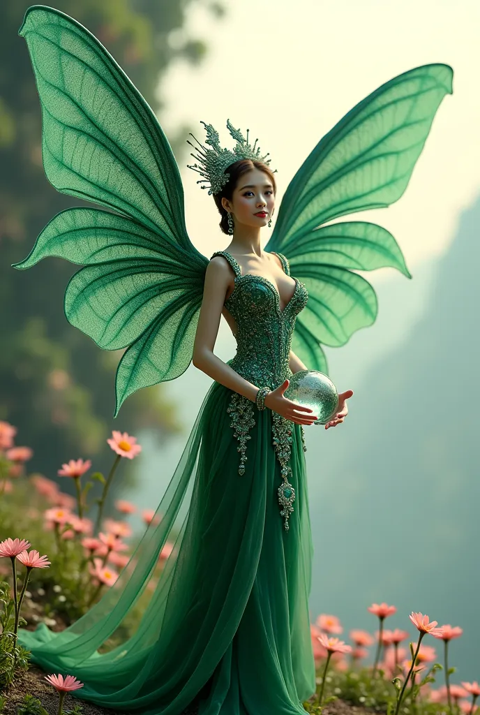 Wide angle, full body, Dark-green Phoenix-womam , Is Huge-Breasted Japanese woman, Slender body, ปีกมีลวดลายซับซัอน, large wings, Wide wings, Crystal see-through armor (inspired by Thai see-through costume).Tiny gray Thai skirt, big Diamond jewelry, holdin...