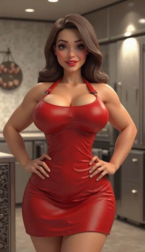 Huge sexy pussy with white muscles has a red kitchen apron hanging out in the kitchen Make fun of chocolate Make animation 3D