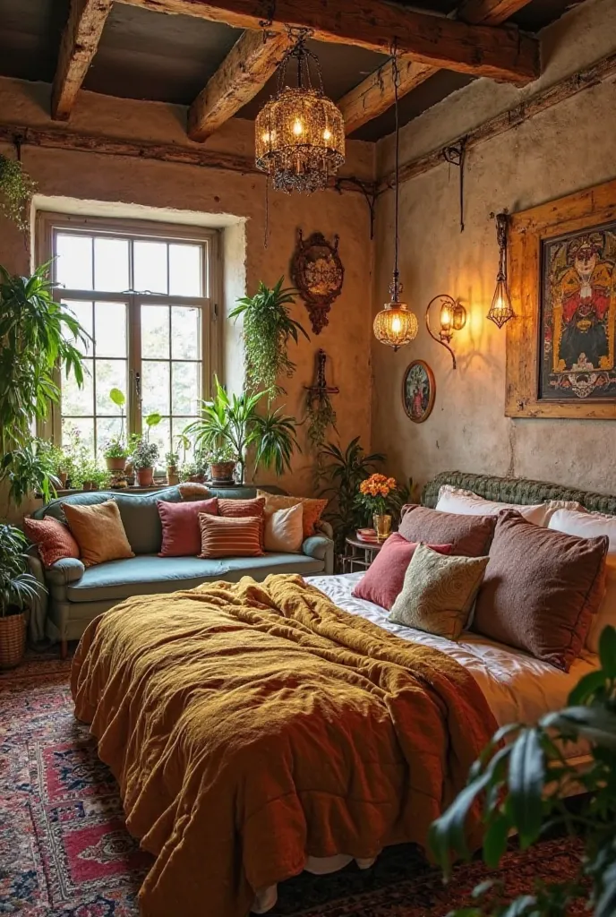 The other room had a bohemian style., with earth , warm lights and wooden decorations. The bed had a mustard-colored bedspread with cushions in different shades. There was a small sofa by the window and several plants in hanging pots.