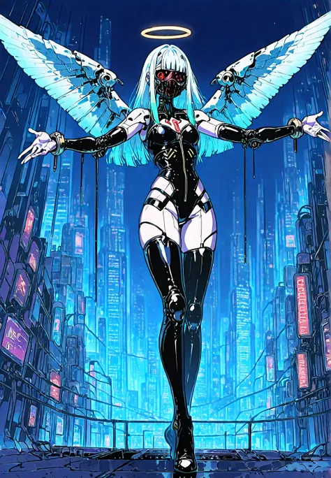 front view: Angel girl, white skin, white wings , latex costume,  robotic circuits , breasts, devices futuristic,  (( crucifixion pose )), circuits, . Background: cyberpunk city. dark atmosphere.