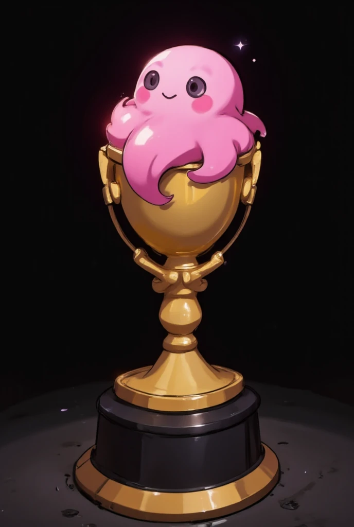 "A golden Oscar-style trophy featuring a Poring from Ragnarok Online. The Poring is a round, pink, smiling slime with small, beady eyes and a glossy, bouncy texture. The Poring replaces the traditional human figure on the award, sitting proudly on top of t...