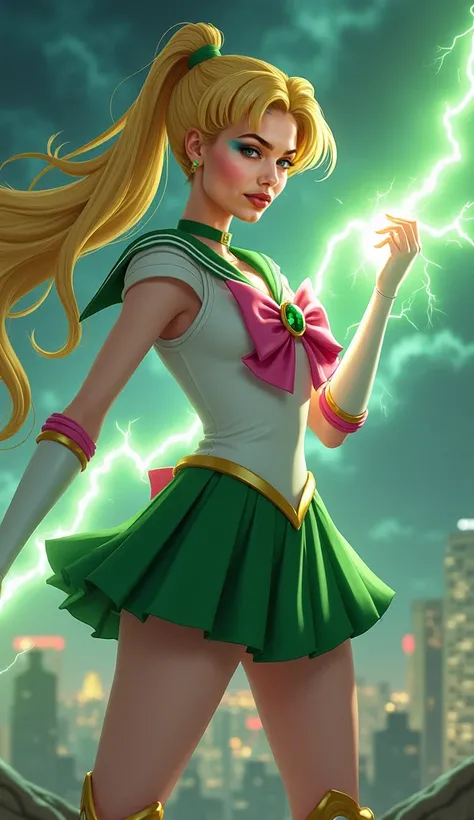 "A breathtaking, ultra-realistic full-body image of Maia Fernández cosplaying as Sailor Jupiter from Sailor Moon. She wears the signature green and white sailor uniform with a pleated skirt, knee-high boots, and a pink bow on her chest, complete with a gol...