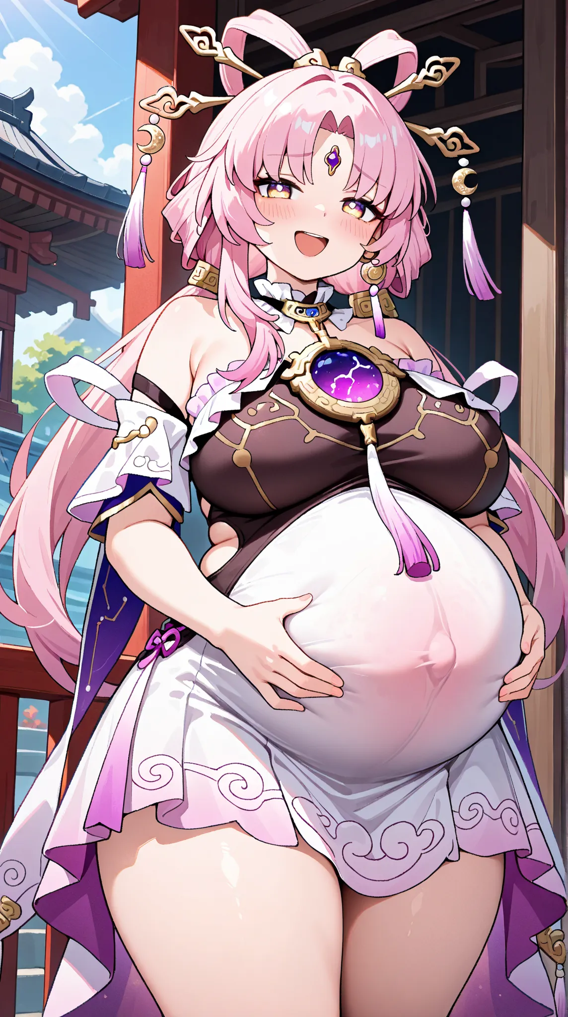 
1girl, solo, long hair, looking at viewer, blush,  yellow eyes, pink hair, large breasts,thick thighs, parted bangs, low twintails, forehead jewel, bow-shaped hair, fu xuan (honkai: star rail), cowboy shots,outdoors, chubby,laughing,pregnant,big belly,inf...