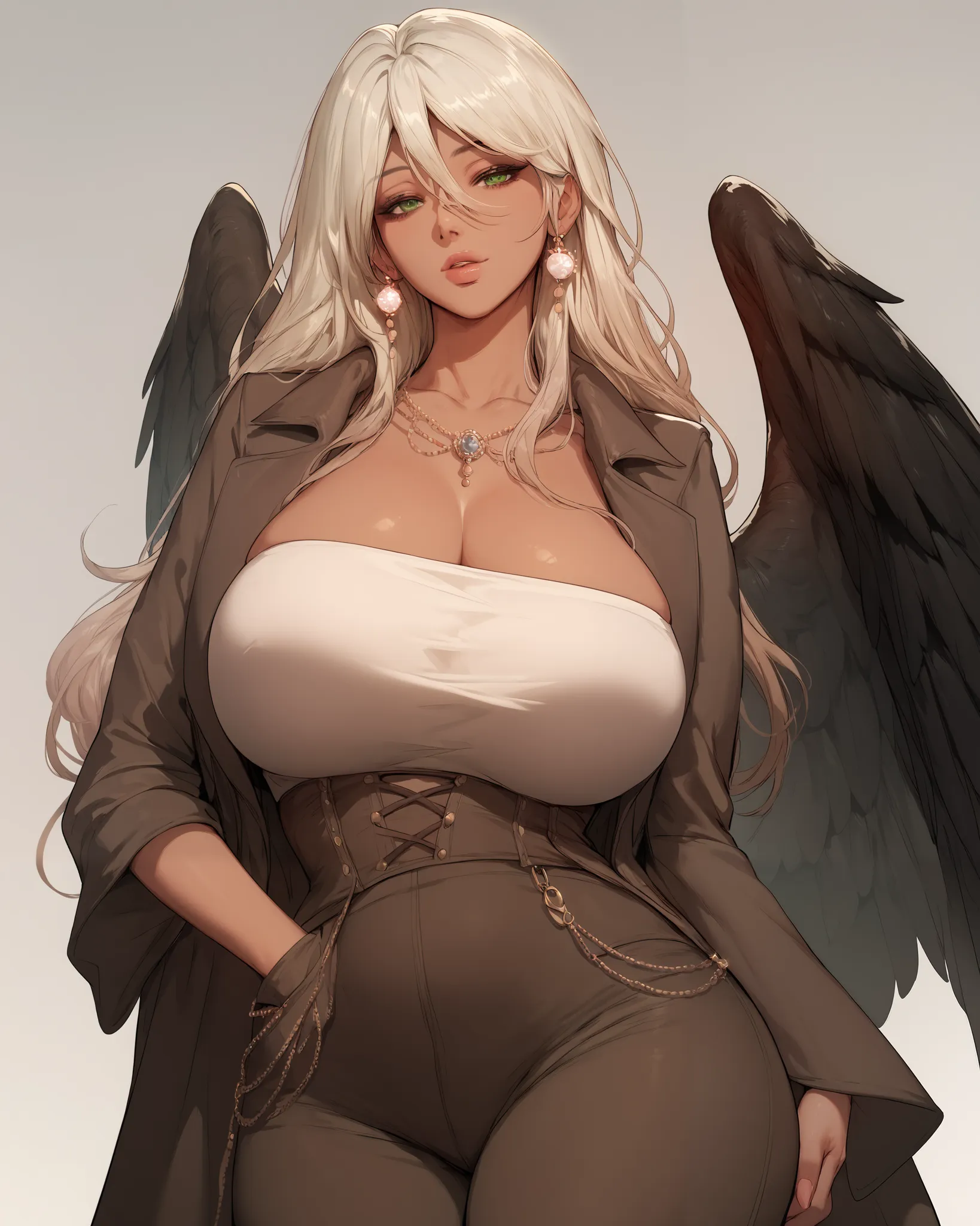 1girl, brown skin, Looking at viewer, Hair Between Eyes, Masterpiece, white Hair, Gradient Hair, Large breasts, curvy body, mature female, simple background, big black wings, green eyes, pirate costume, pants, makeup, mommy