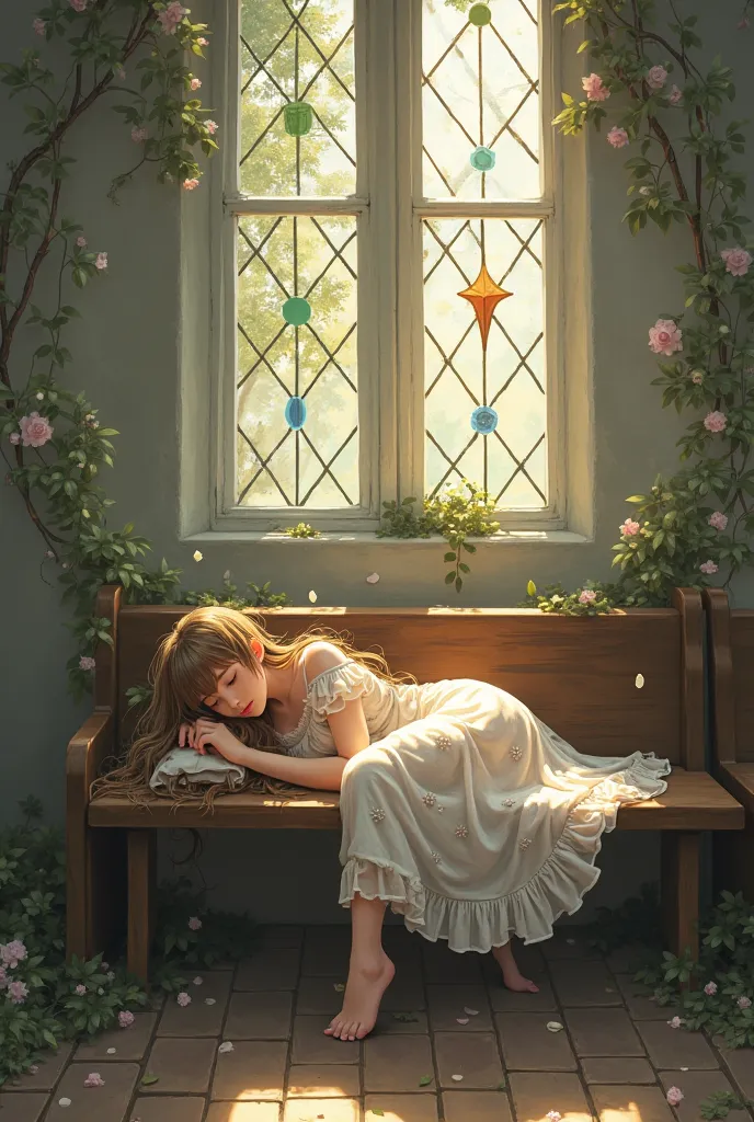 A  girl asleep on a church bench, with a flowery dress and long wavy hair 