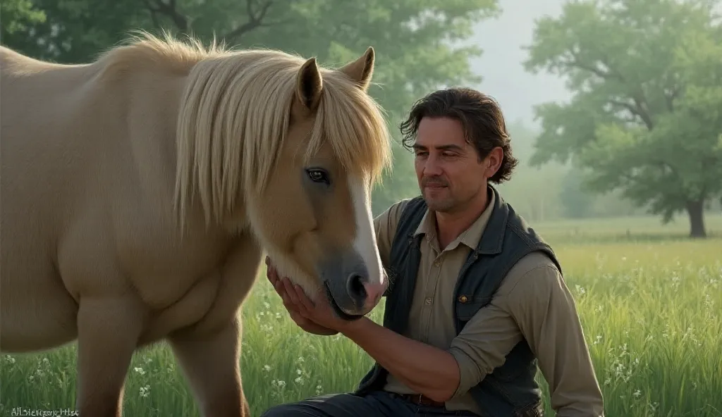 give me a picture of a man sitting and touching his hand on the pony's face