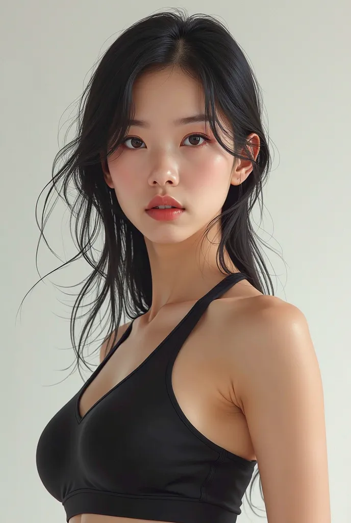 Korean woman with a serious and sincere expression and a healthy, firm figure