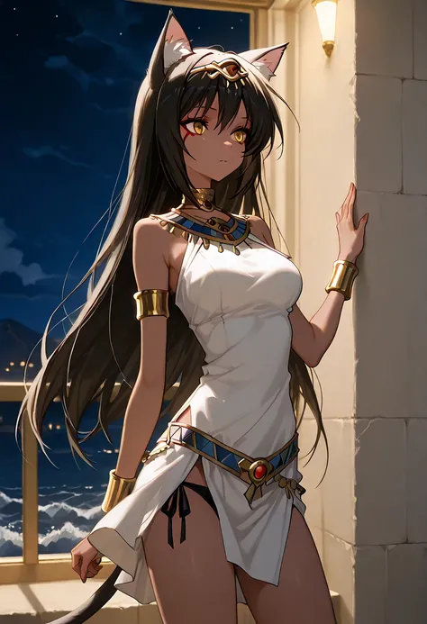   Masterpiece  , Better quality, 1girl, One,  17-year-old waifu poses, Night,   Shkolnica, Storm waves — Cartetia, 17-year-old waifu poses, Night, 4K, , cat ears, long hair, Egyptian goddess, leopard girl ,  standing, underwear, makeup , anime, 