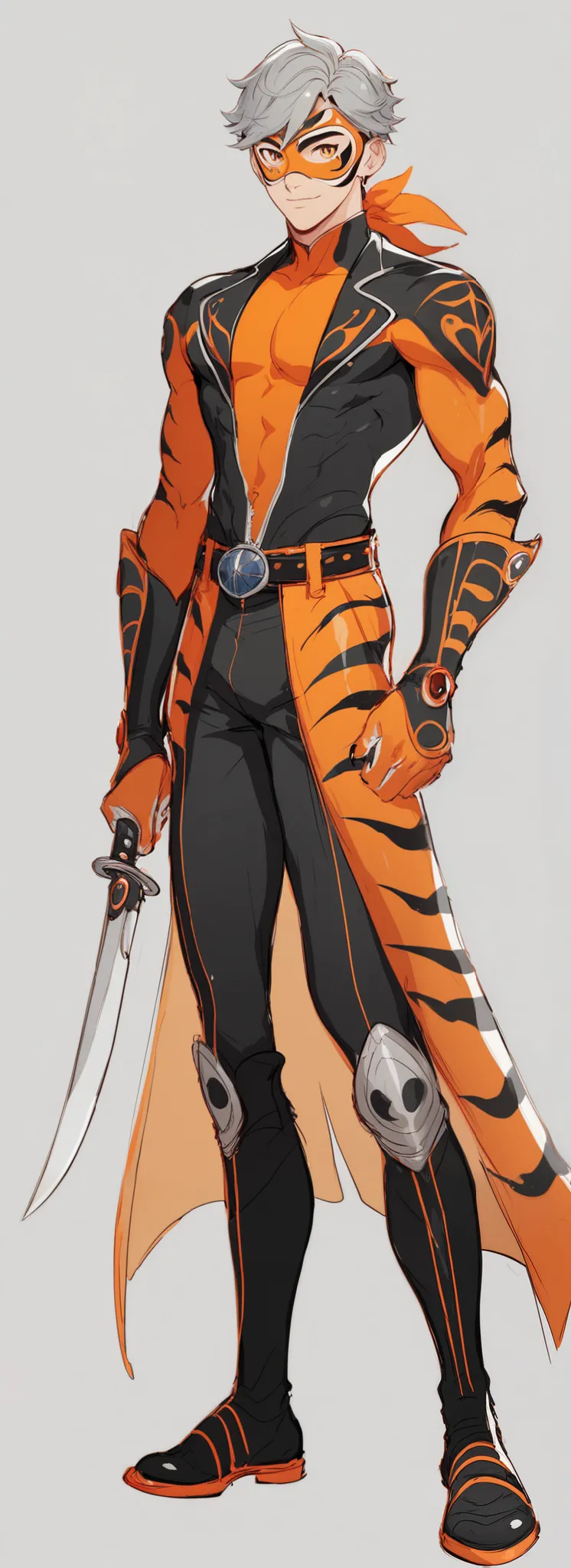 Miraculous ladybug, 1boy in a orange, white and black costume with a orange and white mask, solo, only, miraculous ladybug, tigress as a boy, grey hair, full body with costume, miraculous, tigress, tiger miracuous, new costume concept design, full body zen...