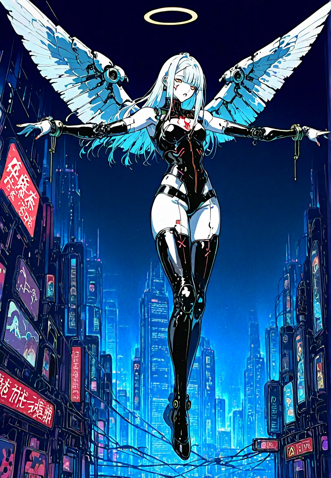 front view: Angel girl, white skin, white wings , latex costume,  robotic circuits , breasts, devices futuristic,  (( crucifixion pose )), circuits, . Background: cyberpunk city. dark atmosphere.