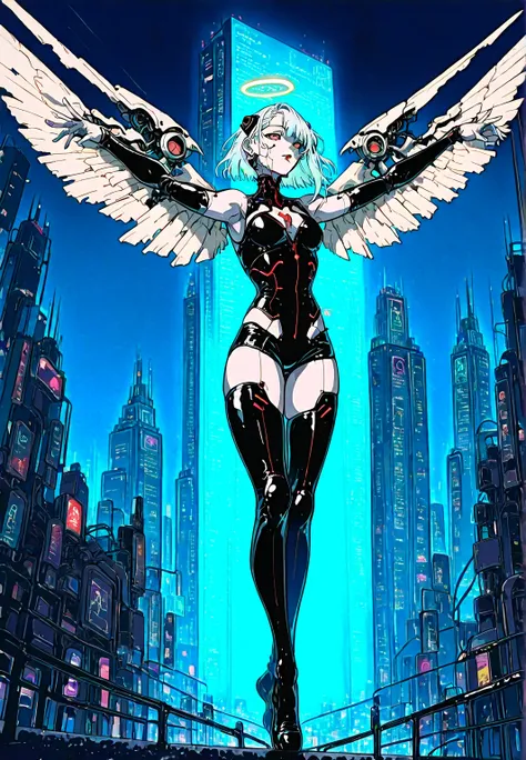 front view: Angel girl, white skin, white wings , latex costume,  robotic circuits , breasts, devices futuristic,  (( crucifixion pose )), circuits, . Background: cyberpunk city. dark atmosphere.