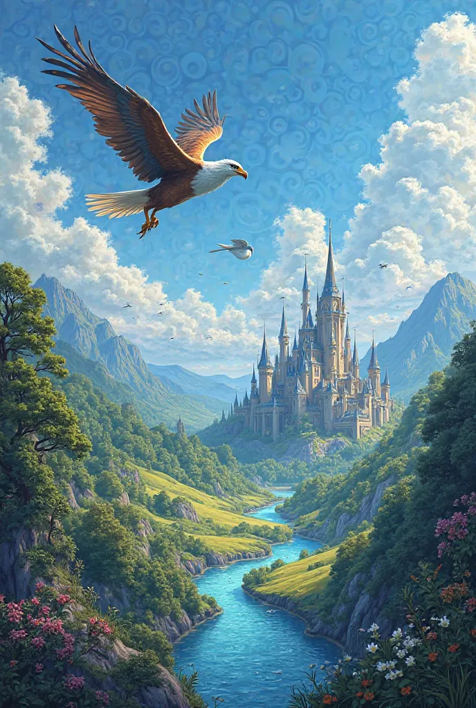 But I would like a landscape in a drawing with a bird, Blue skies and an enchanted kingdom 