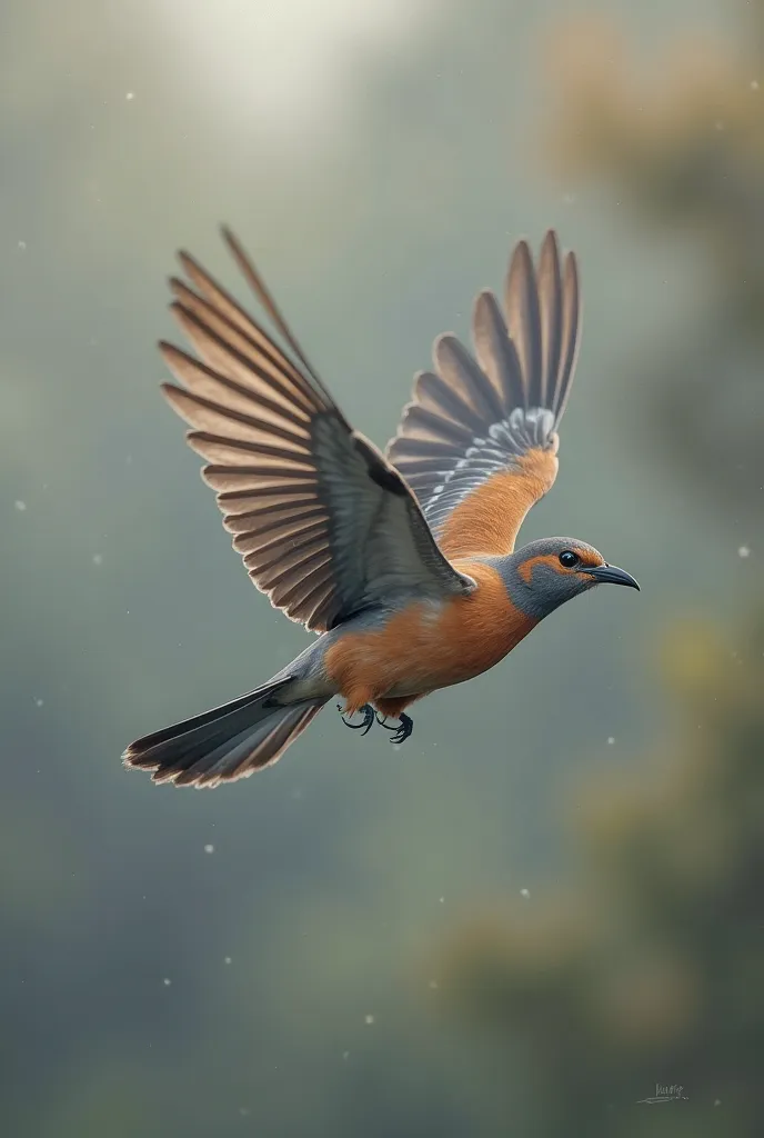 The scene captures a bird in mid-flight, showcasing a dynamic pose with wings fully extended. The background is softly blurred, emphasizing the bird's movement and highlighting its intricate feather patterns, particularly the blend of gray and orange tones...