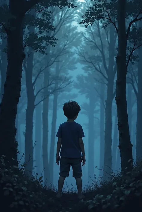 A boy watches the forest at night 