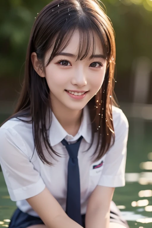 (8k), ( top quality : 1.2), ( realistic), ( Photorealistic : 1.37),  Ultra Fine,  1 girl,  cute, smile,   closed mouth ,  beautiful detail, Beautiful Nose,  full body,  wet hair, Giant Dalcefo, pork,  school uniform,  thighs  