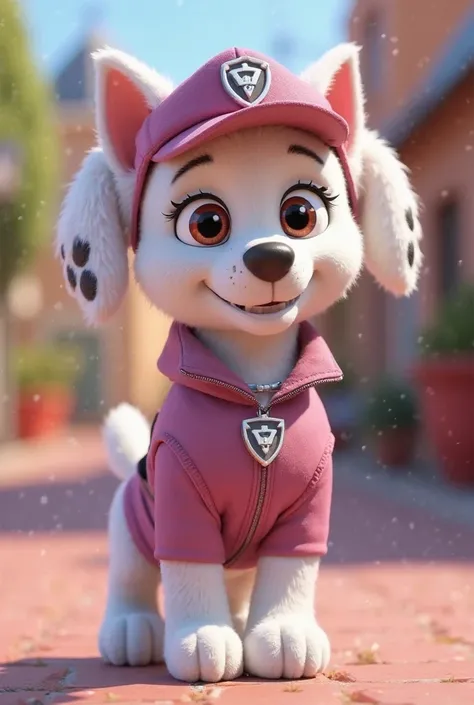 Image 3D style Pixar Romy pat patrouille chien blanc aux oreilles pointant vers le haut chapeau mauve de cascadeur veste à manches longue mauve avec col rose