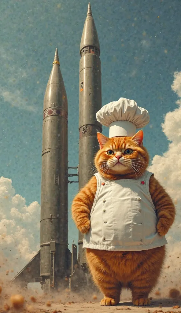 **" Fat, an orange cat dressed as a chef, He wears a real, realistic kitchen hat
He is standing next to a military missile as if he was going to launch it