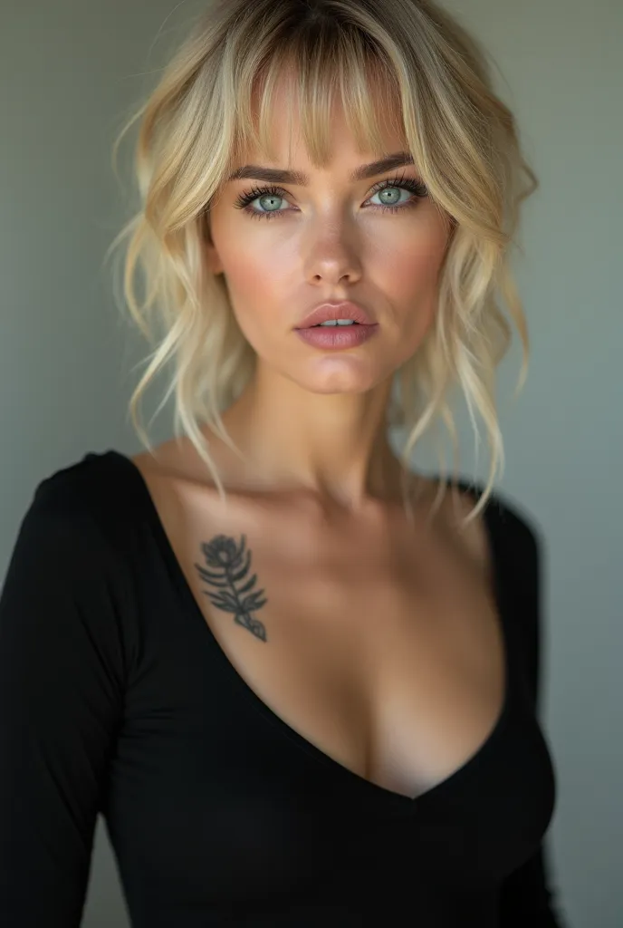 white woman,pink lipstick,upclose,black longsleeve top,big boobs,busty,clothes,black cute lashes,bangs,blonde,flower tattoo on breast  upper right,blue eyes,