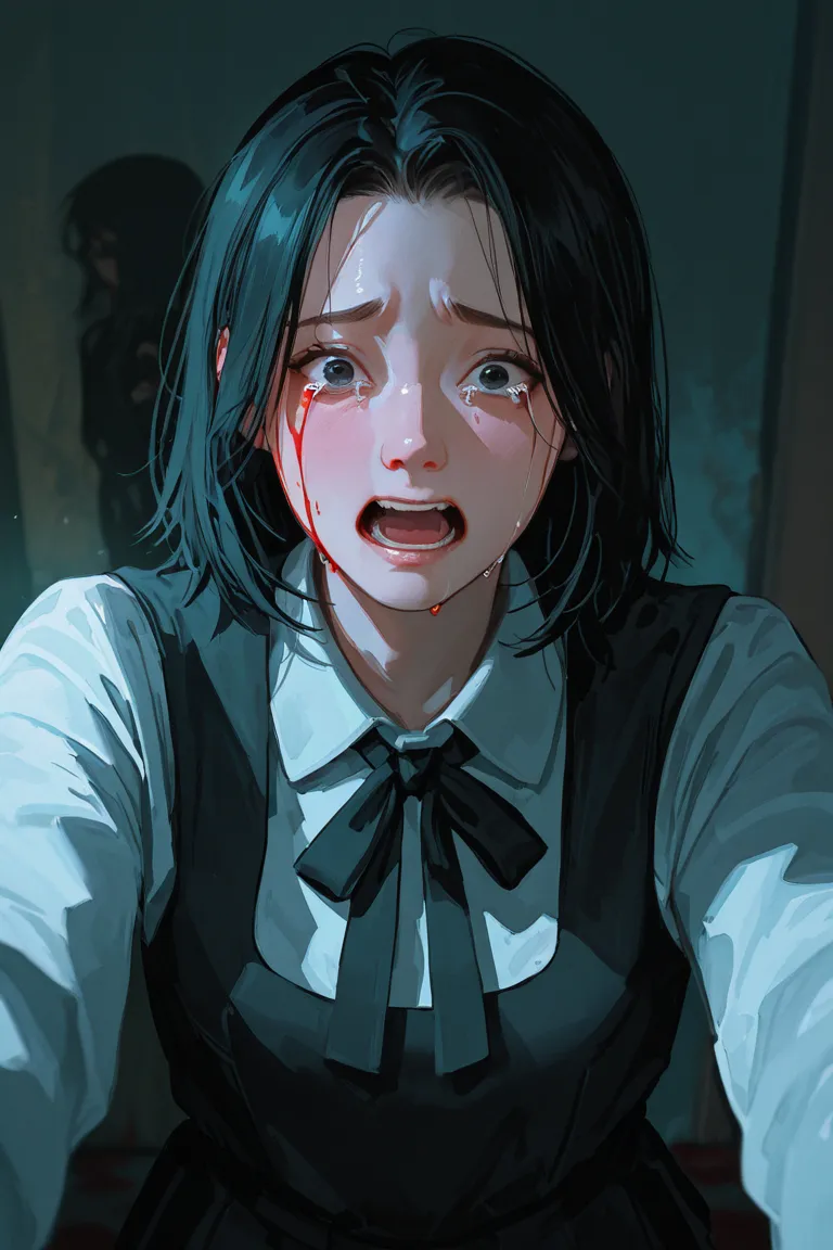 a girl with black short hair, weeping blood, with depressed scream. Doesn't look creepy but sad